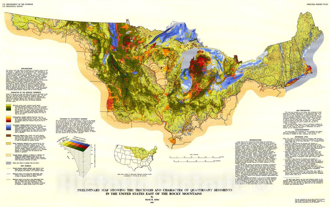 Map : Preliminary map showing the thickness and character of Quaternary sediments in the United States east of the Rocky Mountains, 1993 Cartography Wall Art :