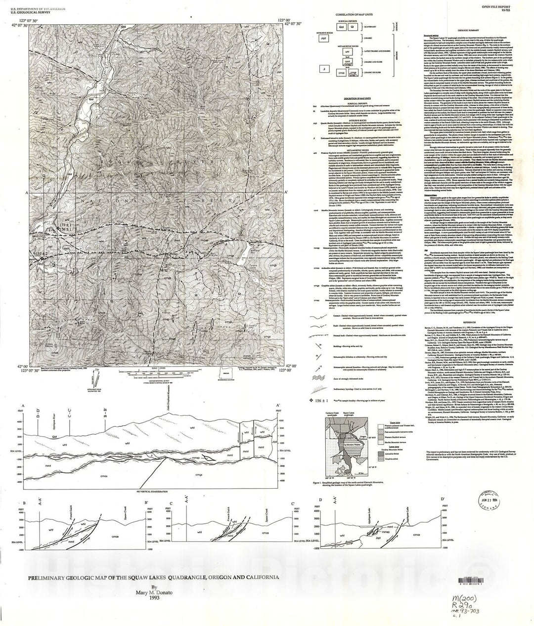 Map : Preliminary geologic map of the Squaw Lakes quadrangle, Oregon and California, 1993 Cartography Wall Art :