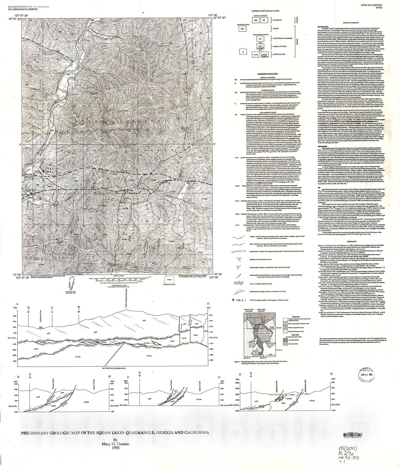 Map : Preliminary geologic map of the Squaw Lakes quadrangle, Oregon and California, 1993 Cartography Wall Art :