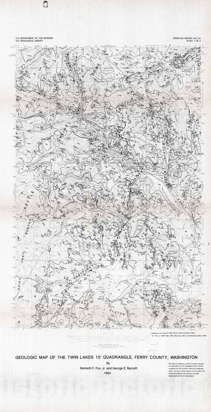 Map : Geologic map of the Twin Lakes 15' quadrangle, Ferry County, Washington, 1994 Cartography Wall Art :