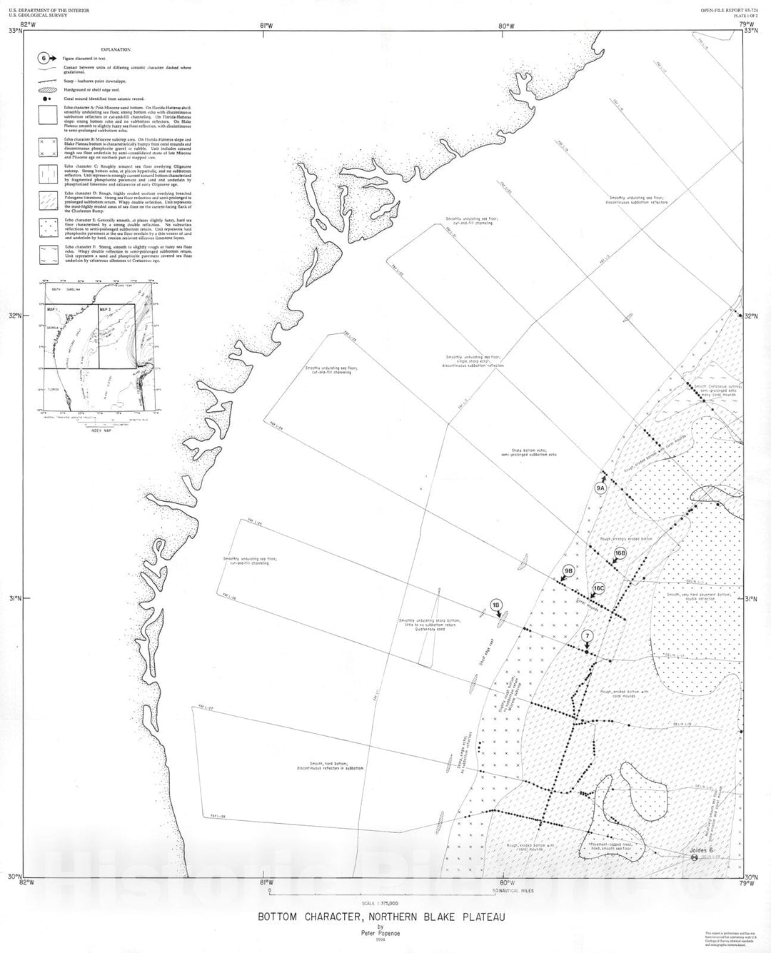 Map : Bottom character map of the northern Blake Plateau, 1994 Cartography Wall Art :