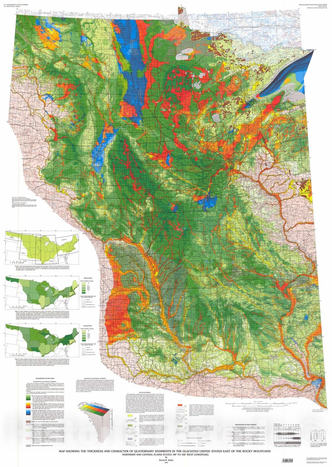 Map : Map showing the thickness and character of Quaternary sediments in the glaciated United States, east of the Rocky Mountains - nort, 1997 Cartography Wall Art :