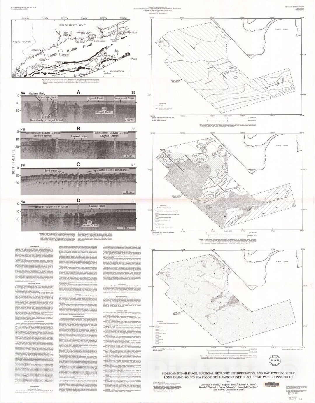 Map : Sidescan sonar image, surficial geologic interpretation, and bathymetry of the Long Island Sound sea floor off Hammonasset Beach State Park, Connecticut, 1997 Cartography Wall Art :