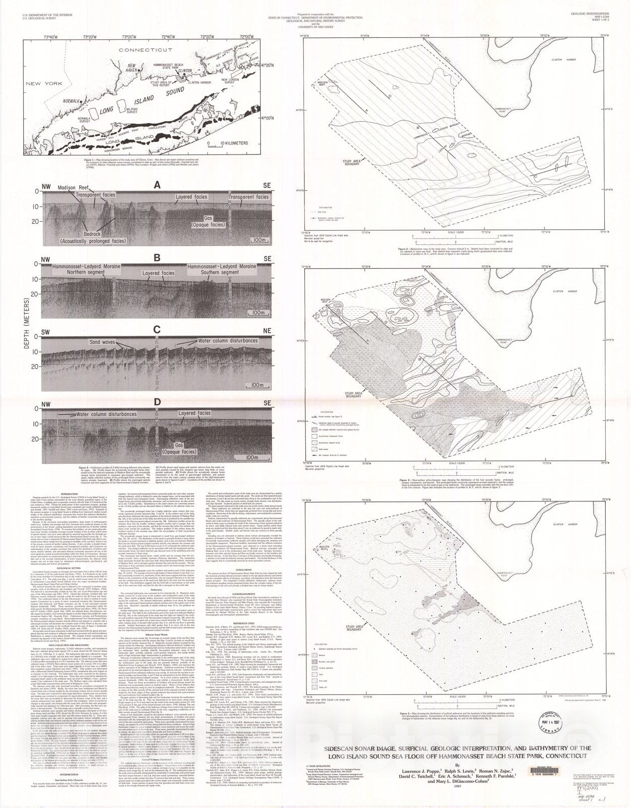 Map : Sidescan sonar image, surficial geologic interpretation, and bathymetry of the Long Island Sound sea floor off Hammonasset Beach State Park, Connecticut, 1997 Cartography Wall Art :