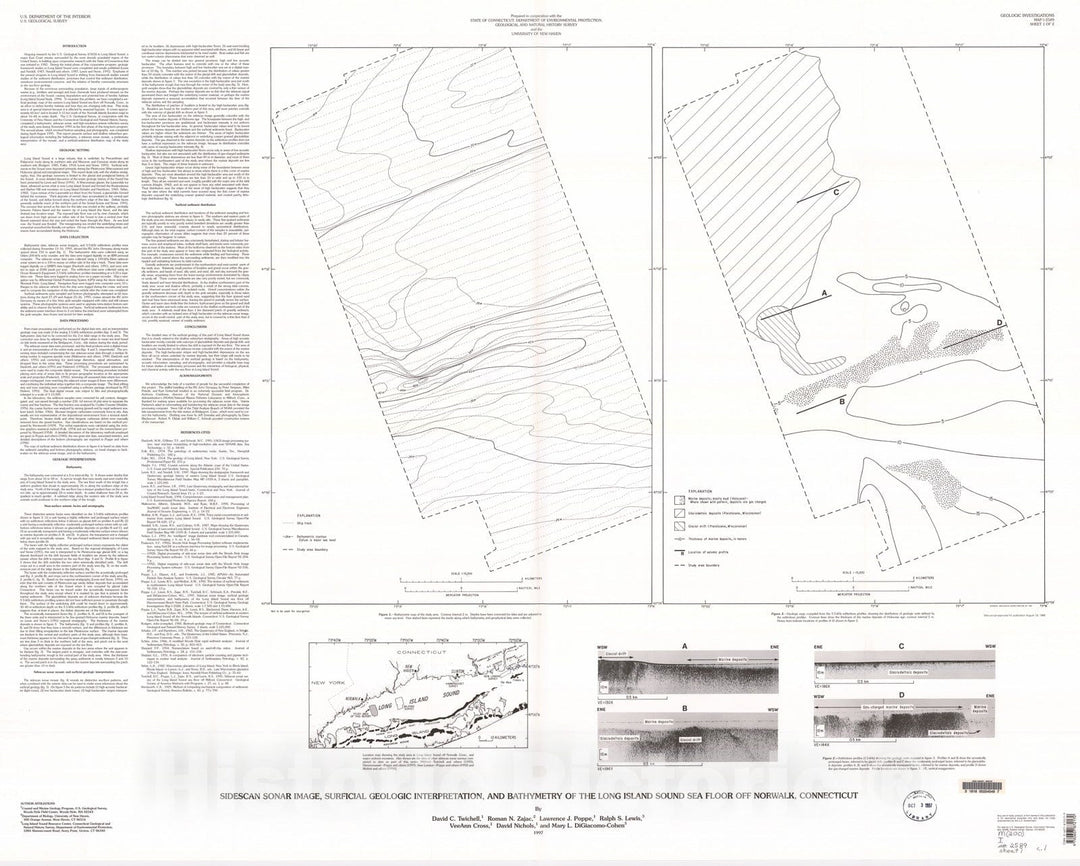 Map : Sidescan sonar image, surficial geologic interpretation, and bathymetry of the Long Island Sound sea floor off Norwalk, Connecticut, 1997 Cartography Wall Art :