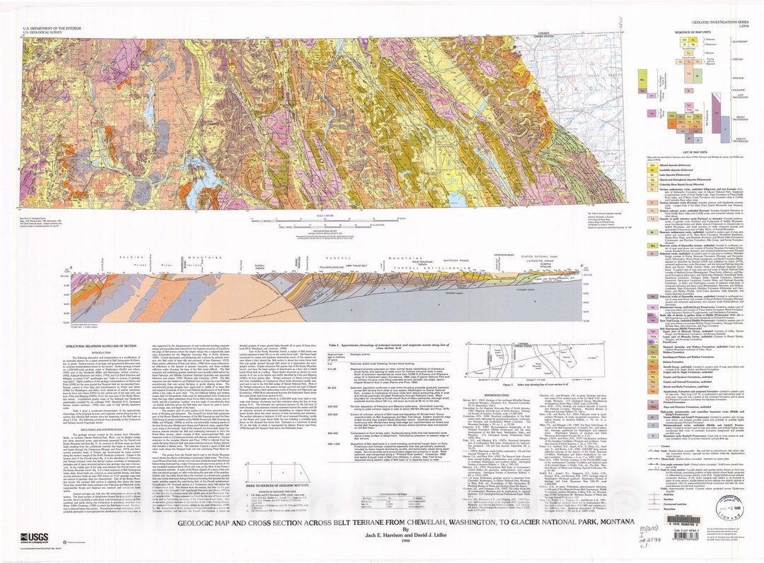 Map : Geologic map and cross section across Belt terrane from Chewelah, Washington, to Glacier National Park, Montana, 1998 Cartography Wall Art :