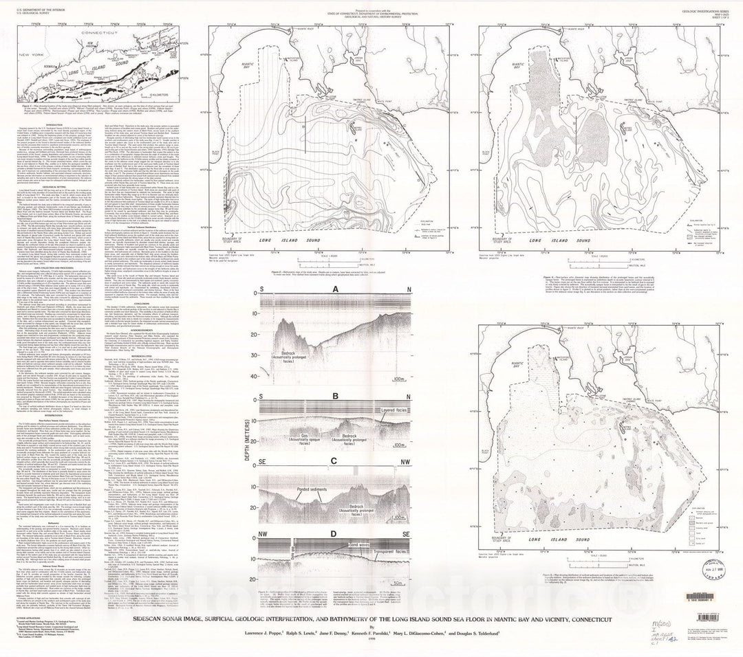 Map : Sidescan sonar image, surficial geologic interpretation, and bathymetry of the Long Island Sound sea floor in Niantic Bay and vicinity, Connecticut, 1998 Cartography Wall Art :