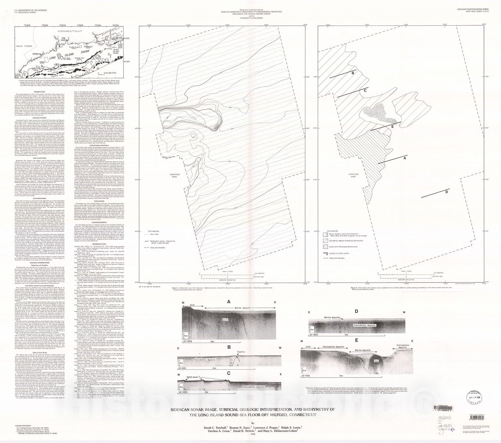 Map : Sidescan sonar image, surficial geologic interpretation, and bathymetry of the Long Island Sound sea floor off Milford, Connecticut, 1998 Cartography Wall Art :