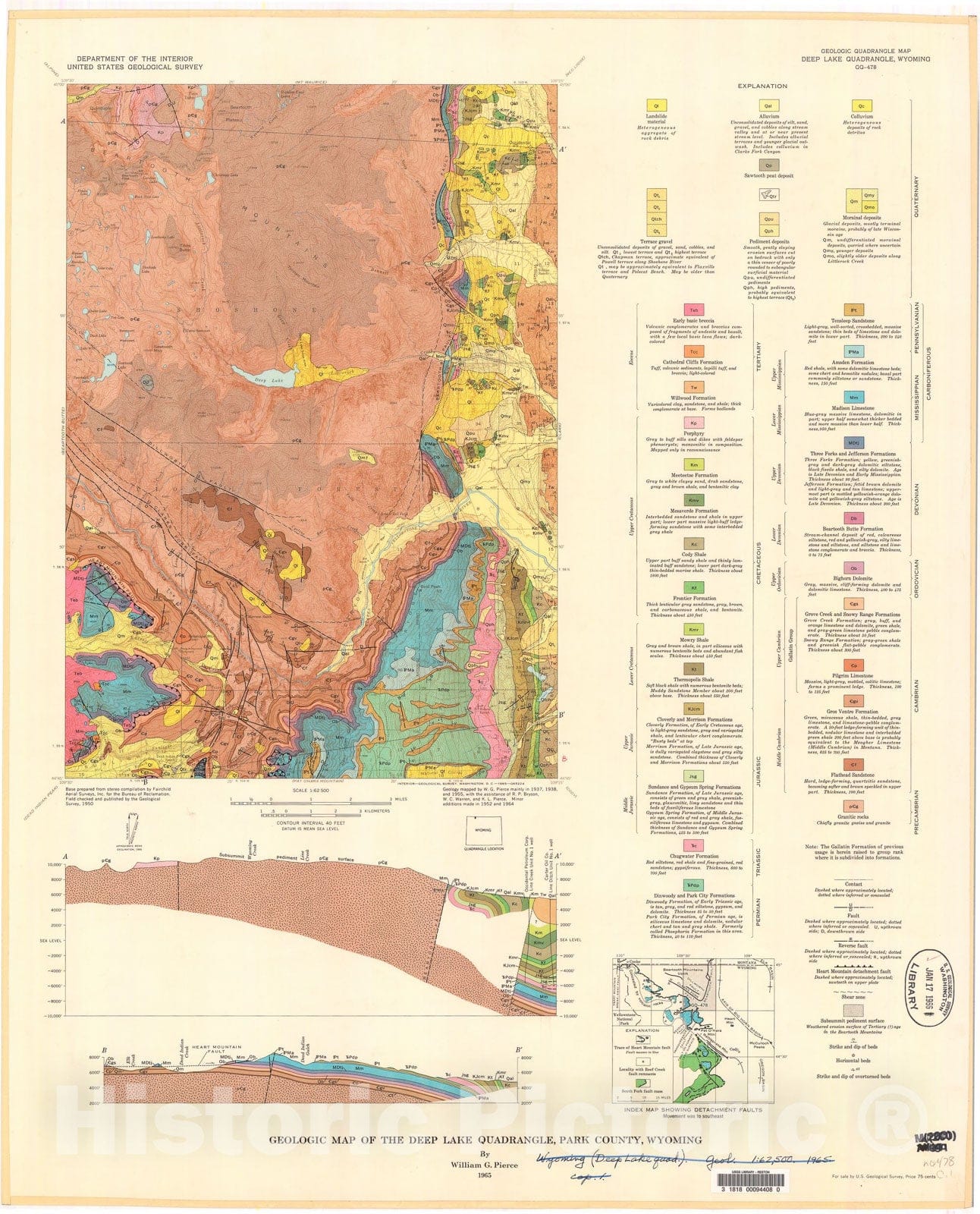 Map : Geologic map of the Deep Lake quadrangle, Park County, Wyoming, 1965 Cartography Wall Art :