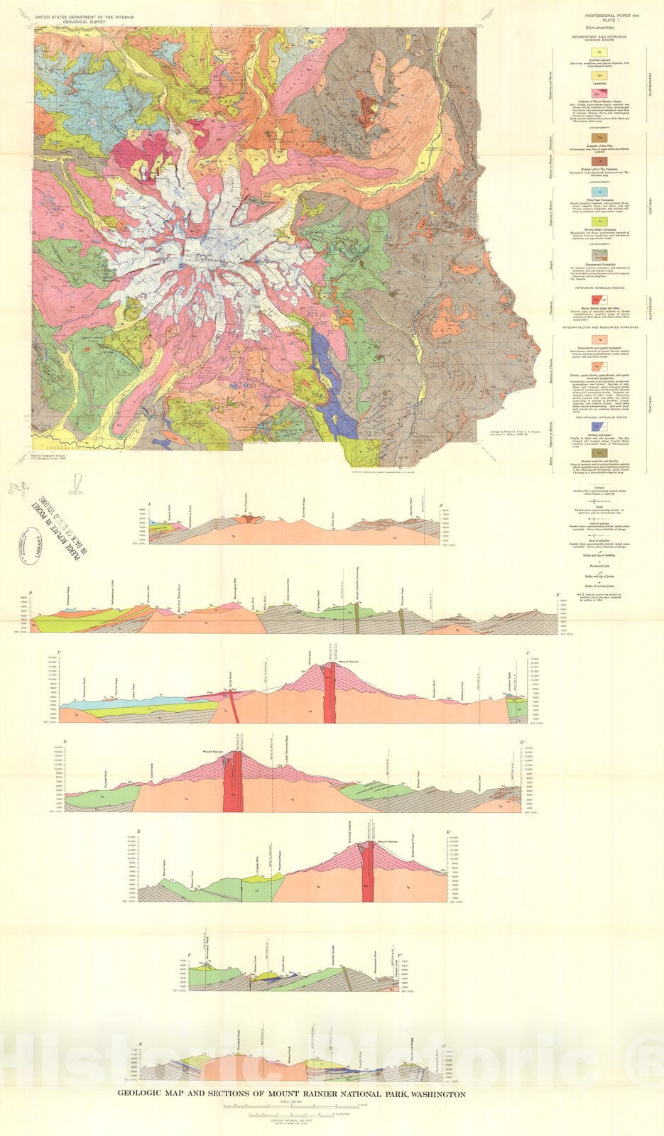 Map : Geology of Mount Rainier National Park, Washington, 1963 Cartography Wall Art :