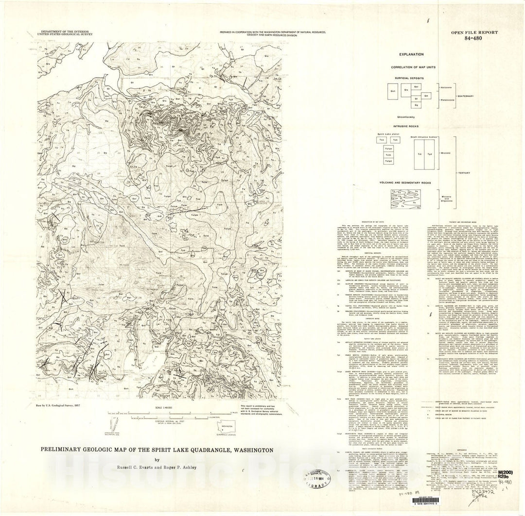 Map : Preliminary geologic map of the Spirit Lake quadrangle, Washington, 1984 Cartography Wall Art :