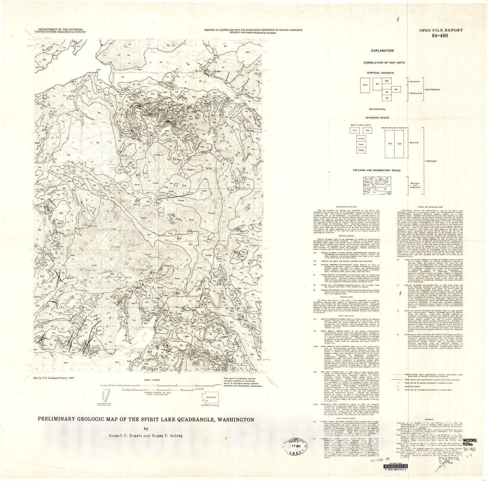 Map : Preliminary geologic map of the Spirit Lake quadrangle, Washington, 1984 Cartography Wall Art :