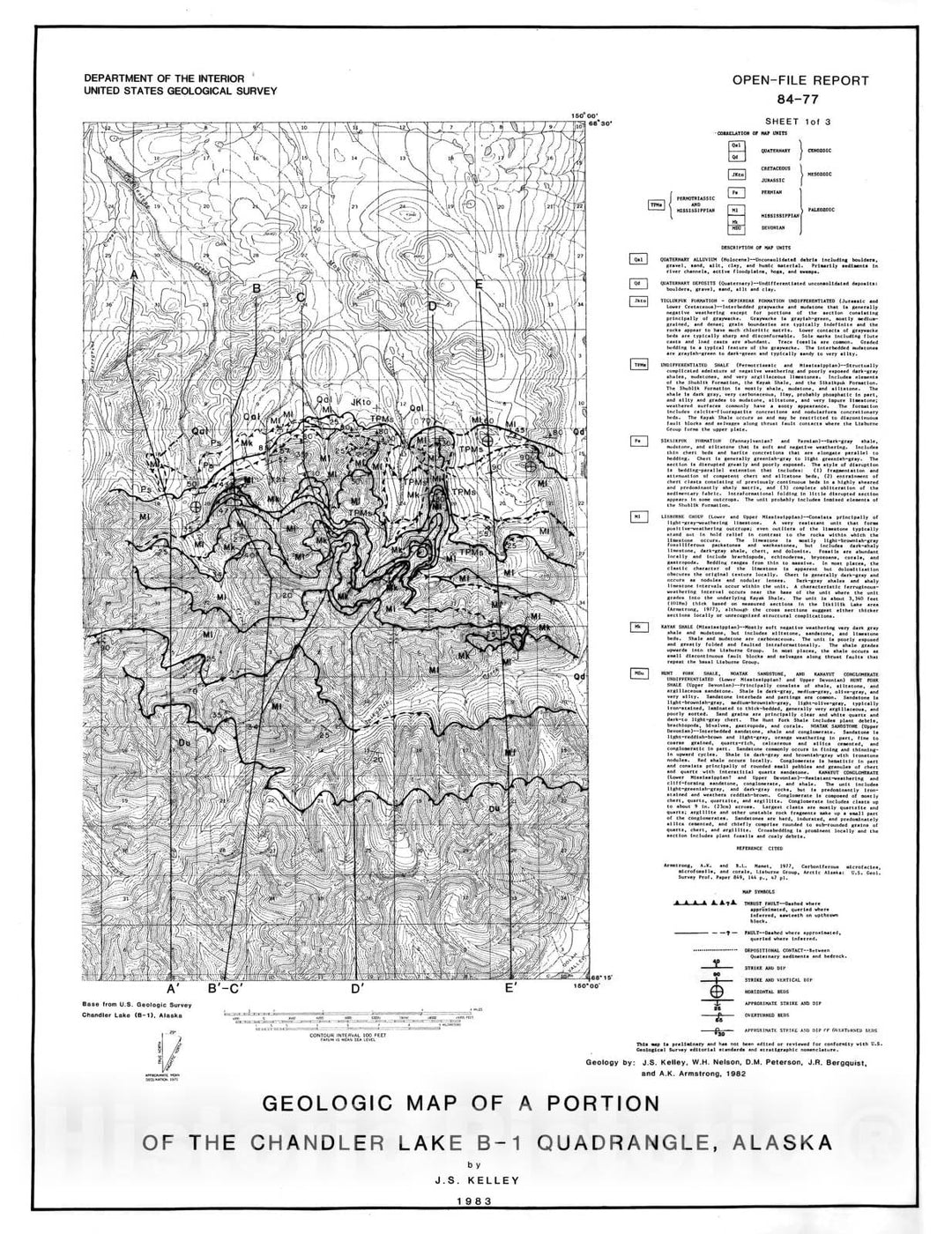 Map : Geologic map of a portion of the Chandler Lake B-1 quadrangle, Alaska, 1984 Cartography Wall Art :