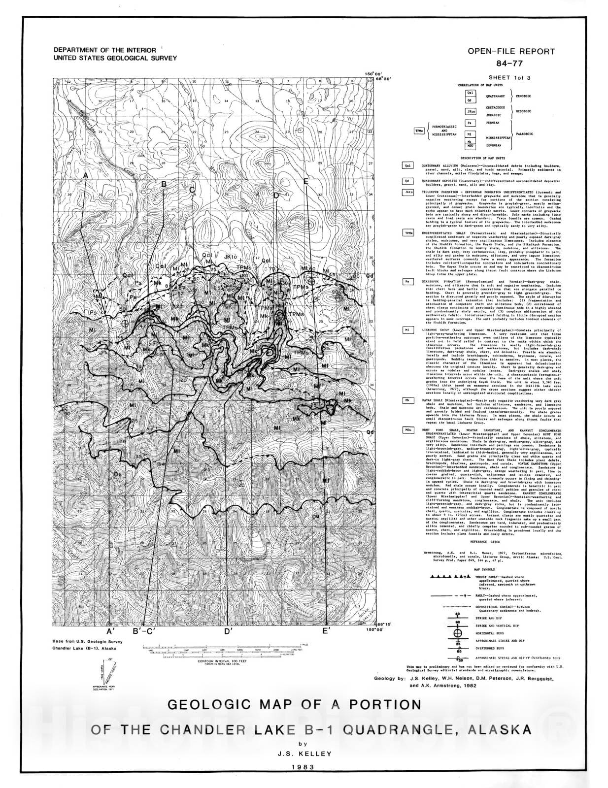 Map : Geologic map of a portion of the Chandler Lake B-1 quadrangle, Alaska, 1984 Cartography Wall Art :