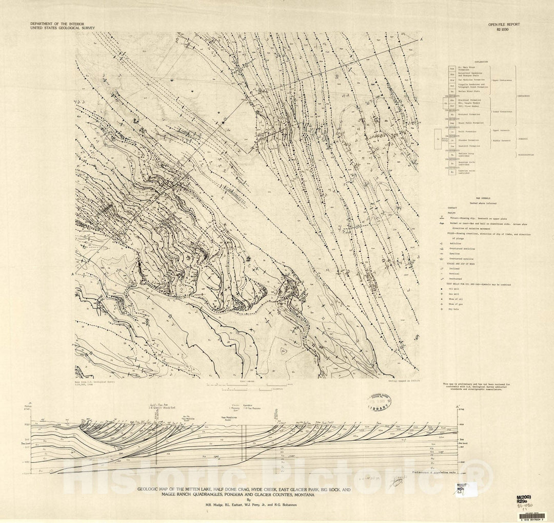 Map : Geologic map of the Mitten Lake, Half Dome Crag, Hyde Creek, East Glacier Park, Big Rock, and Magee Ranch quadrangles, Pondera and, 1982 Cartography Wall Art :