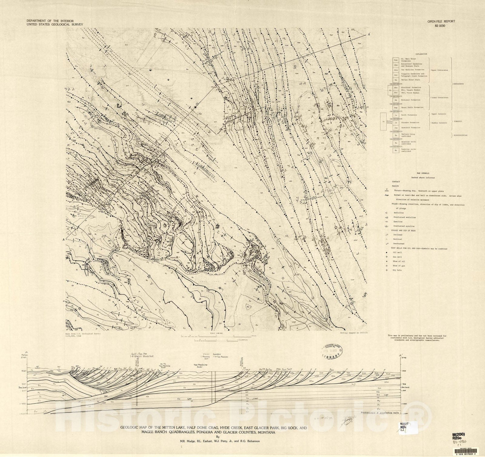 Map : Geologic map of the Mitten Lake, Half Dome Crag, Hyde Creek, East Glacier Park, Big Rock, and Magee Ranch quadrangles, Pondera and, 1982 Cartography Wall Art :