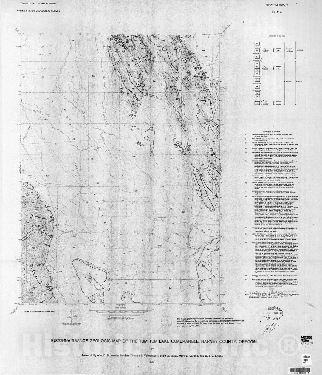 Map : Reconnaissance geologic map of the Tum Tum Lake quadrangle, Harney County, Oregon, 1982 Cartography Wall Art :