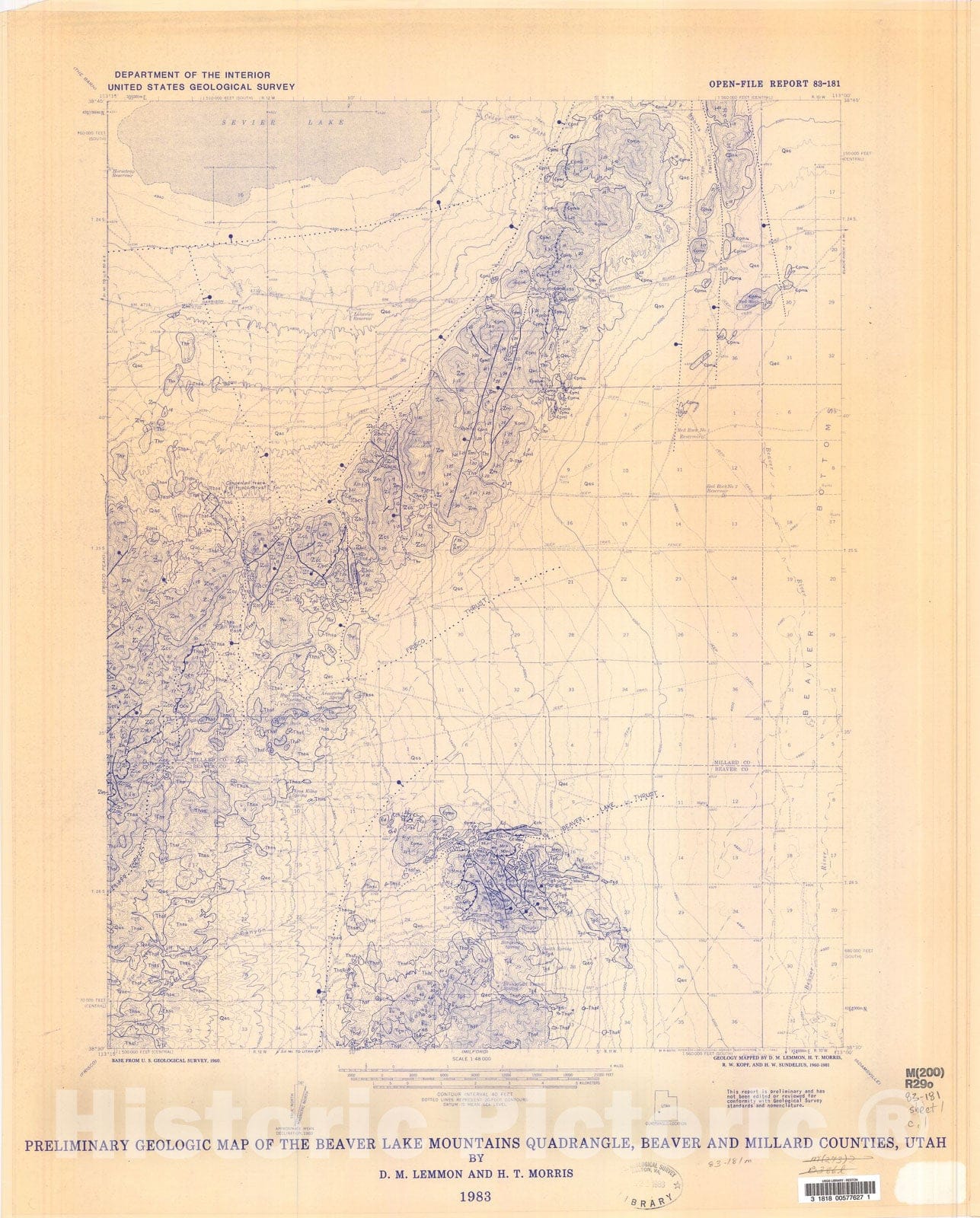 Map : Preliminary geologic map of the Beaver Lake Mountains quadrangle, Beaver and Millard Counties, Utah, 1983 Cartography Wall Art :