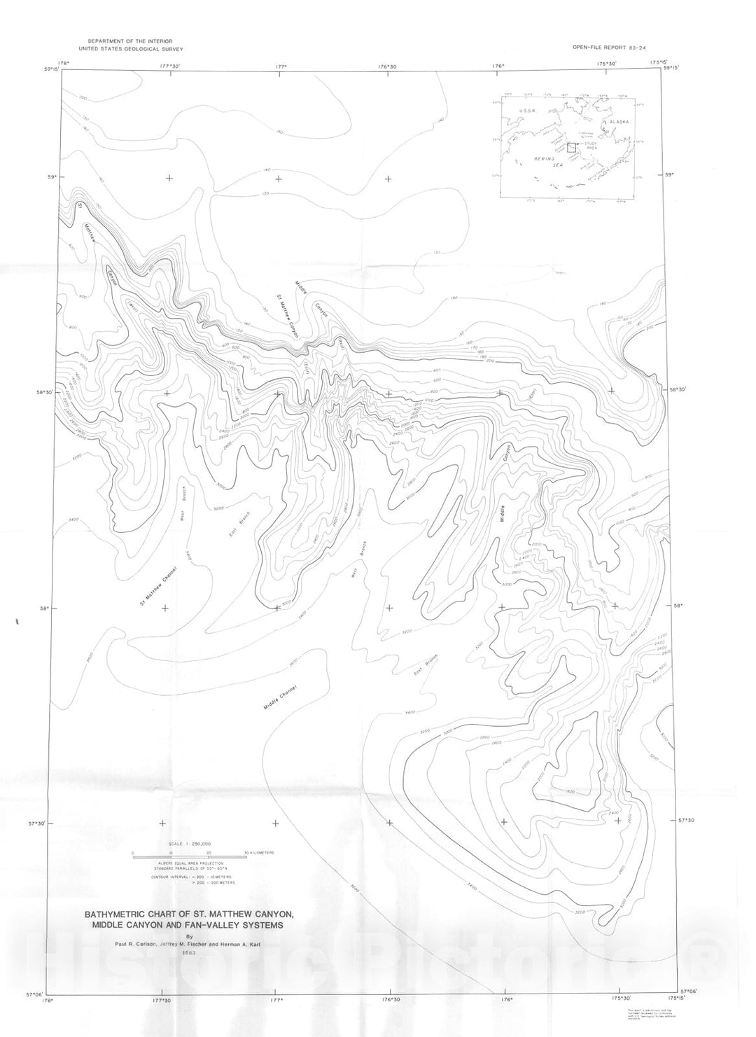 Map : Two newly discovered submarine canyons on Alaskan continental margin of Bering Sea, 1983 Cartography Wall Art :