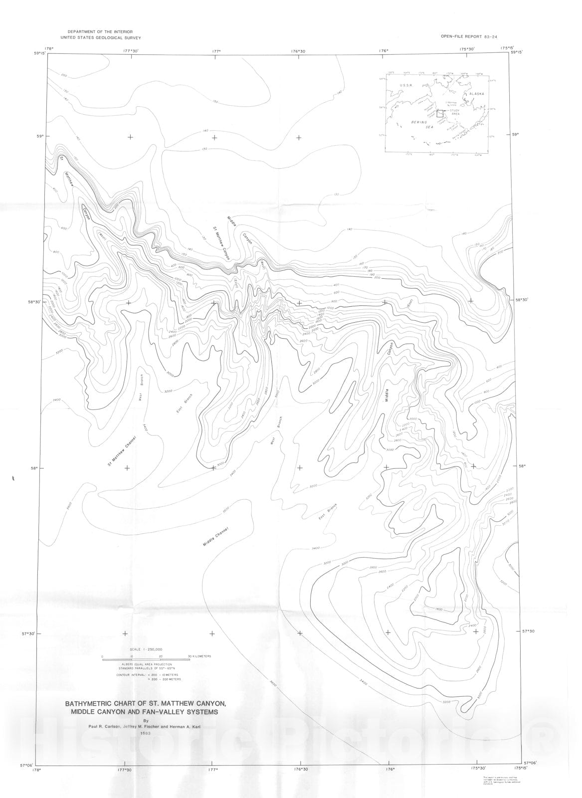 Map : Two newly discovered submarine canyons on Alaskan continental margin of Bering Sea, 1983 Cartography Wall Art :