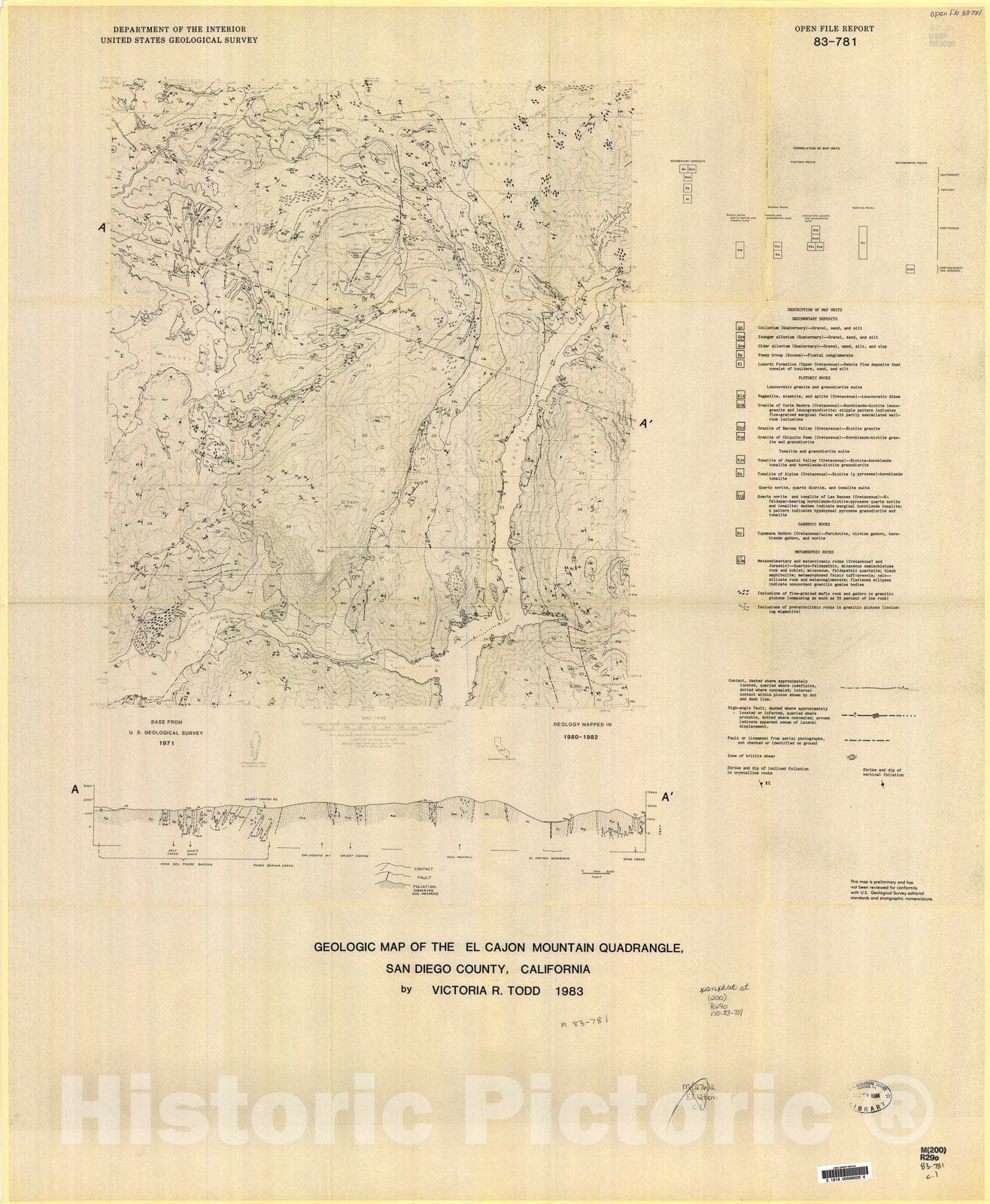 Map : Geologic map of the El Cajon Mountain quadrangle, San Diego County, California, 1983 Cartography Wall Art :