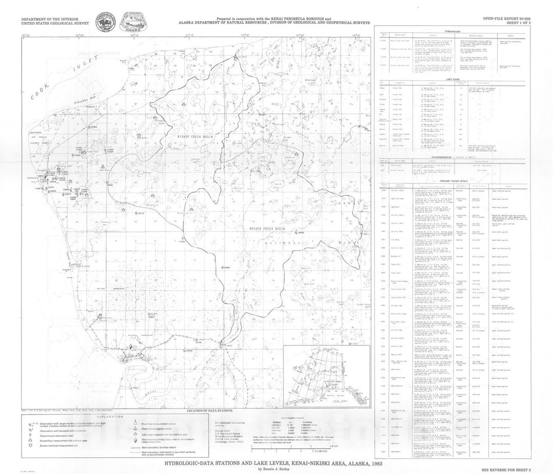 Map : Hydrologic-data stations and lake levels, Kenai - Nikiski area, Alaska, 1983, 1983 Cartography Wall Art :