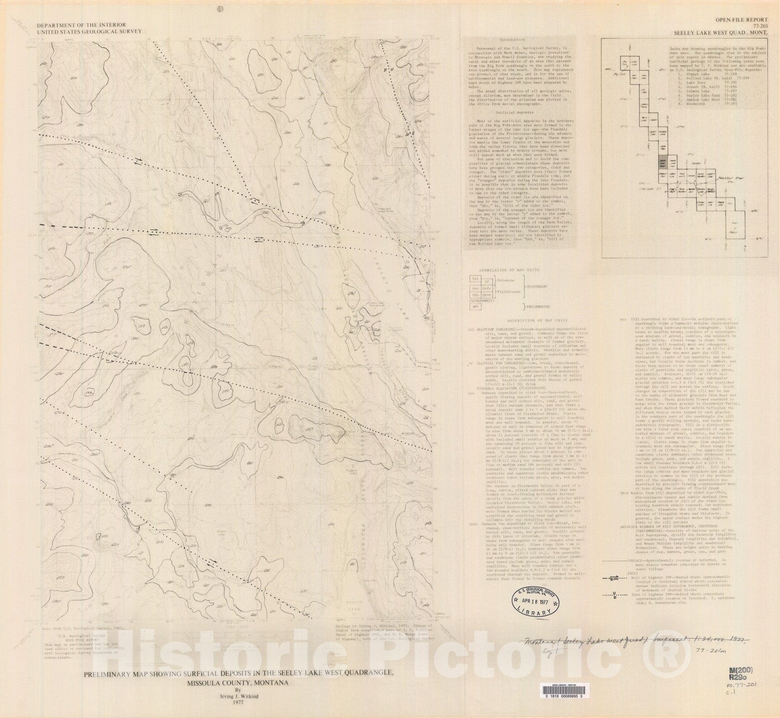 Map : Preliminary map showing surficial deposits in the Seeley Lake West quadrangle, Missoula County, Montana, 1977 Cartography Wall Art :