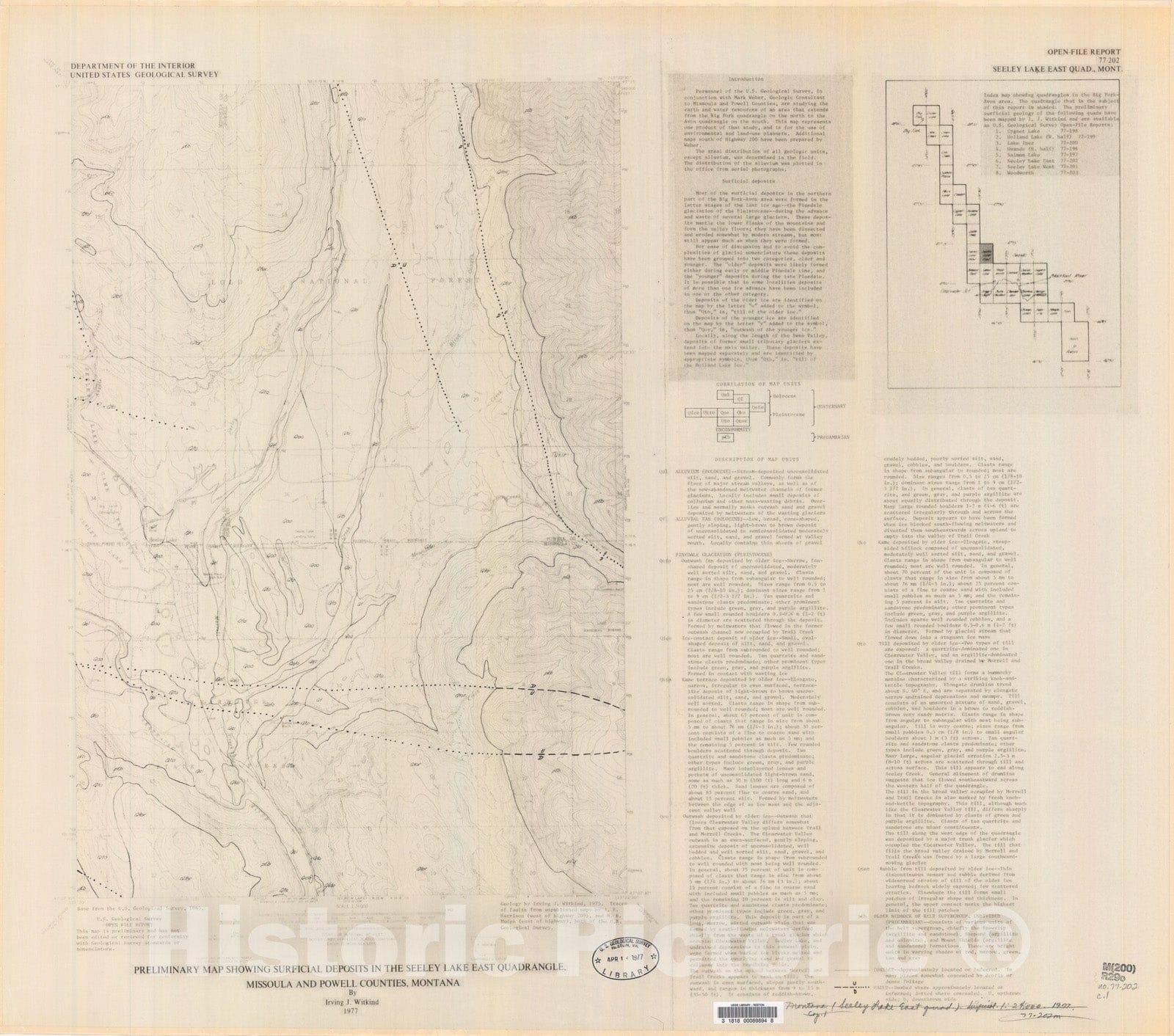 Map : Preliminary map showing surficial deposits in the Seeley Lake East quadrangle, Missoula and Powell Counties, Montana, 1977 Cartography Wall Art :