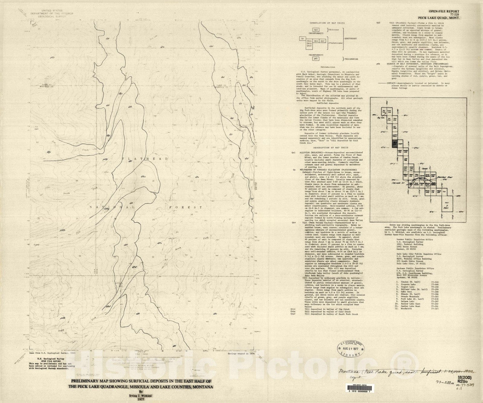 Map : Preliminary map showing surficial deposits in the east half of the Peck Lake quadrangle, Missoula and Lake Counties, Montana, 1977 Cartography Wall Art :