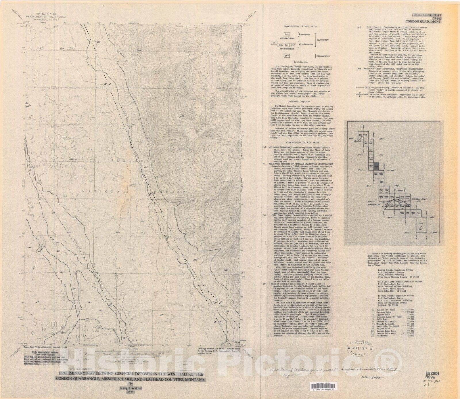 Map : Preliminary map showing surficial deposits in the west half of the Condon quadrangle, Missoula, Lake, and Flathead Counties, Montana, 1977 Cartography Wall Art :