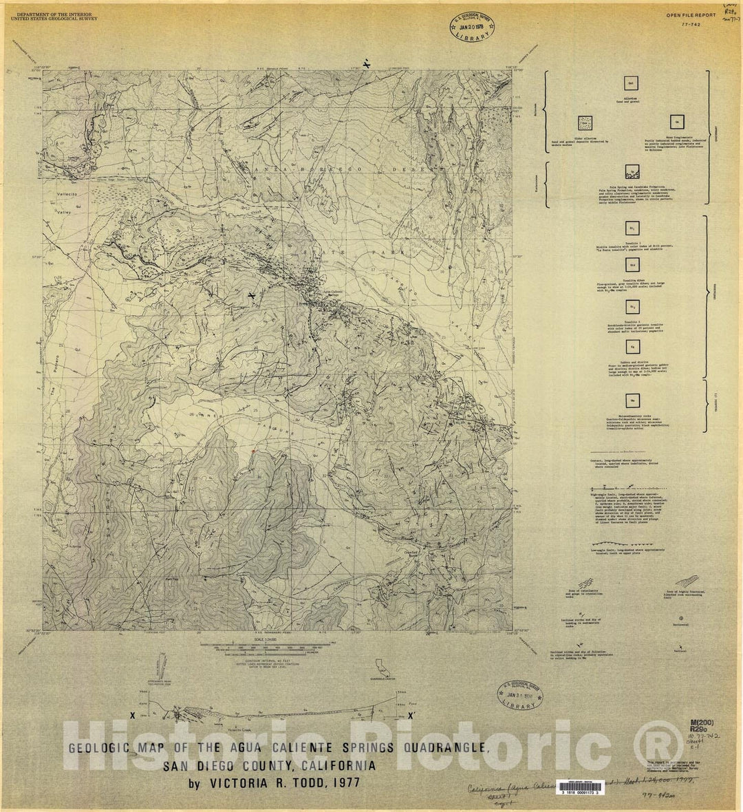 Map : Geologic map of the Agua Caliente Springs quadrangle, San Diego County, California, 1977 Cartography Wall Art :