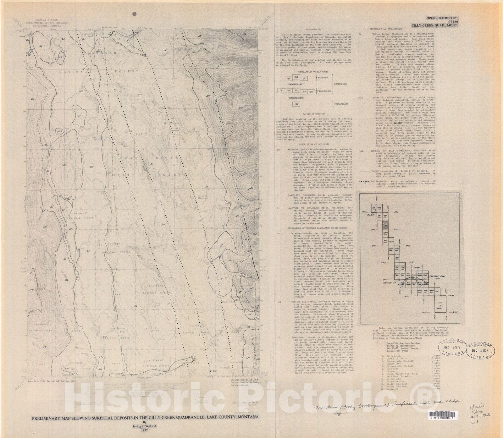 Map : Preliminary map showing surficial deposits in the Cilly Creek quadrangle, Lake County, Montana, 1977 Cartography Wall Art :