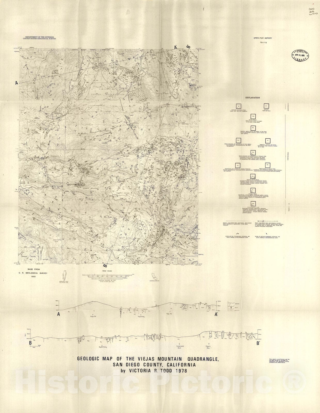 Map : Geologic map of the Viejas Mountain quadrangle, San Diego County, California, 1978 Cartography Wall Art :