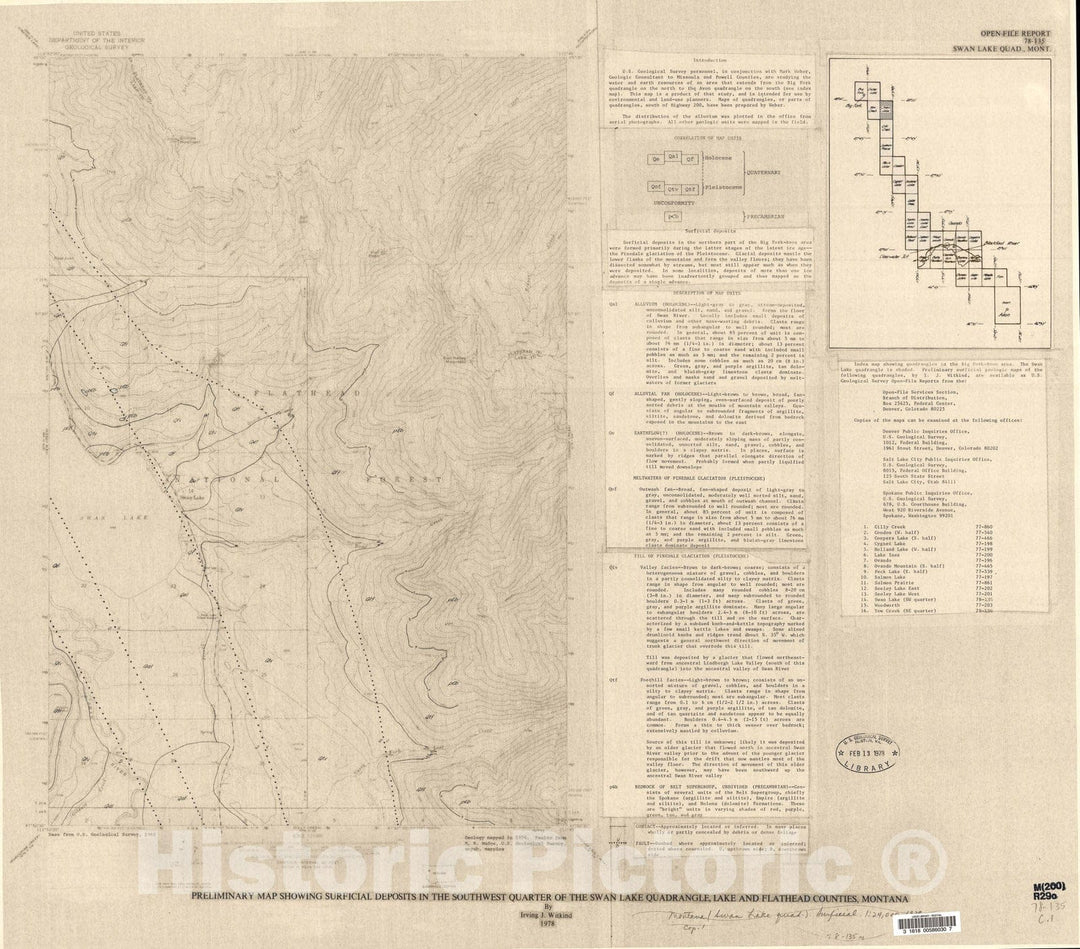 Map : Preliminary map showing surficial deposits in the southwest quarter of the Swan Lake quadrangle, Lake and Flathead Counties, Montana, 1978 Cartography Wall Art :