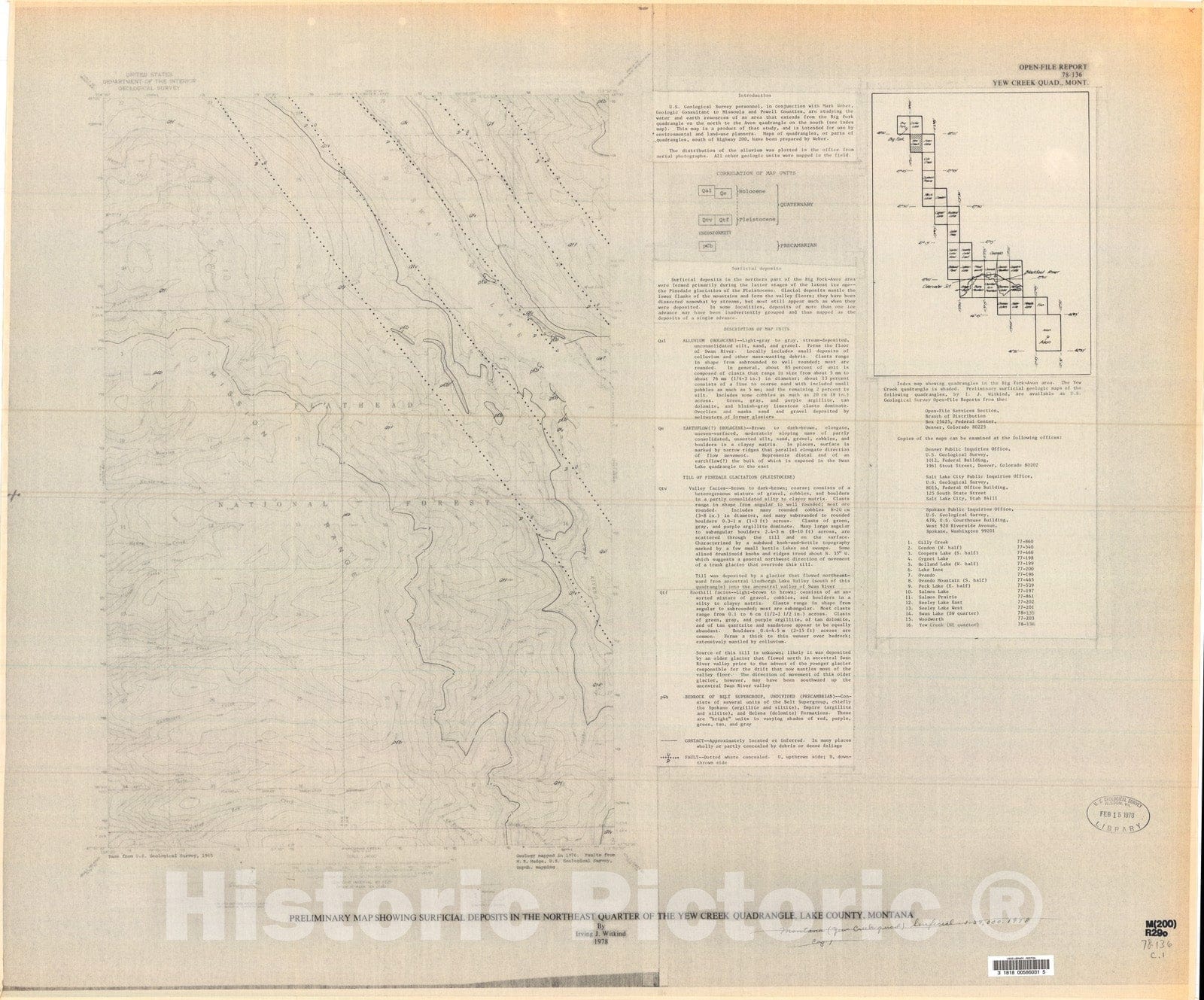 Map : Preliminary map showing surficial deposits in the northeast quarter of the Yew Creek quadrangle, Lake County, Montana, 1978 Cartography Wall Art :