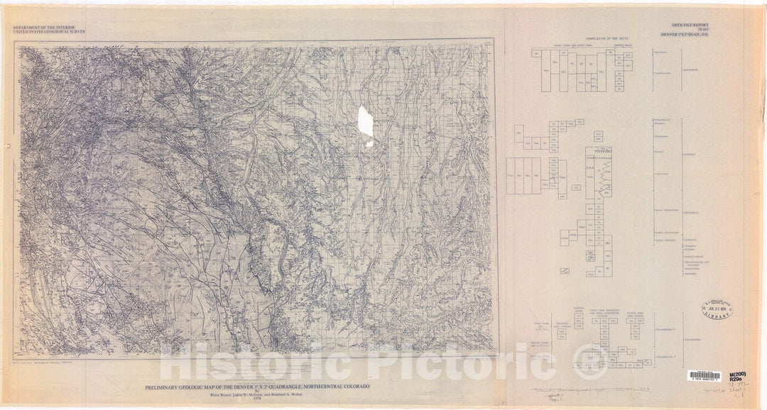 Map : Preliminary geologic map of the Denver one degree x two degree quadrangle, north-central Colorado, one978 Cartography Wall Art :