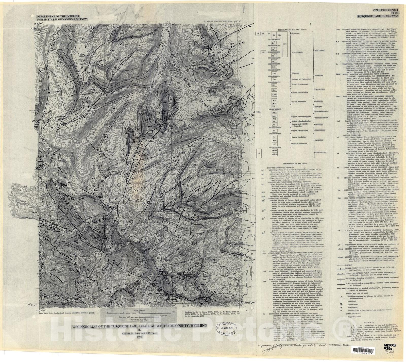 Map : Geologic map of the Turquoise Lake quadrangle, Teton County, Wyoming, 1978 Cartography Wall Art :