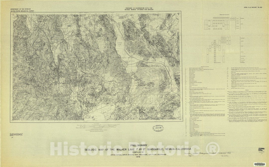 Map : Preliminary geologic map of the Walker Lake one degree by two degree quadrangle, Nevada - California, one978 Cartography Wall Art :