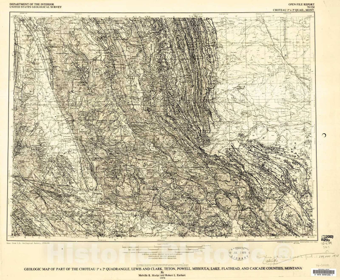 Map : Geologic map of part of the Choteau one degree x two degree quadrangle, Lewis and Clark, Teton, Powell, Missoula, Lake, Flathead, and, one978 Cartography Wall Art :