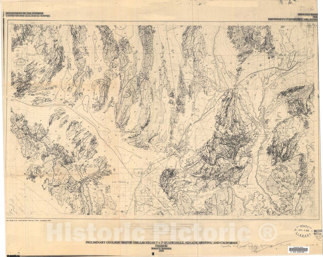 Map : Preliminary geologic map of the Las Vegas one degree x two degree quadrangle, Nevada, Arizona, and California, one978 Cartography Wall Art :