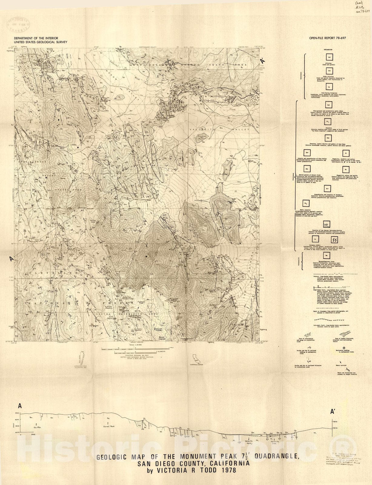 Map : Geologic map of the Monument Peak quadrangle, San Diego County, California, 1978 Cartography Wall Art :