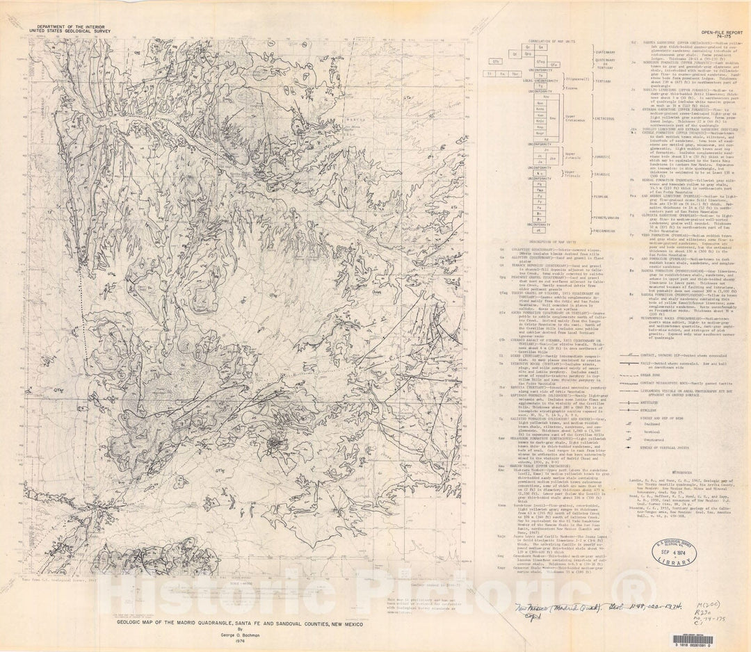 Map : Geologic map of the Madrid quadrangle, Santa Fe and Sandoval Counties, New Mexico, 1974 Cartography Wall Art :