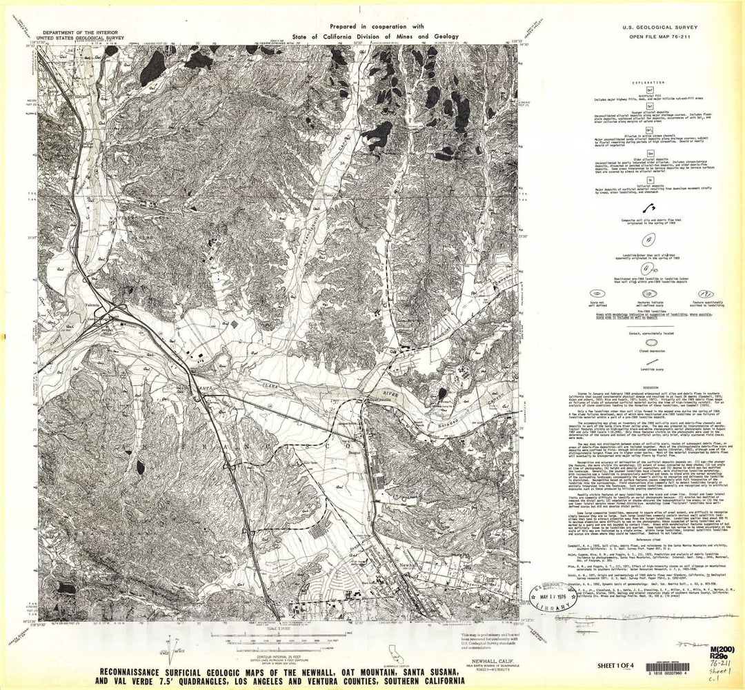 Map : Reconnaissance surficial geologic maps of the Newhall, Oat Mountain, Santa Susana, and Val Verde 7.5' quadrangles, Los Angeles , 1976 Cartography Wall Art :