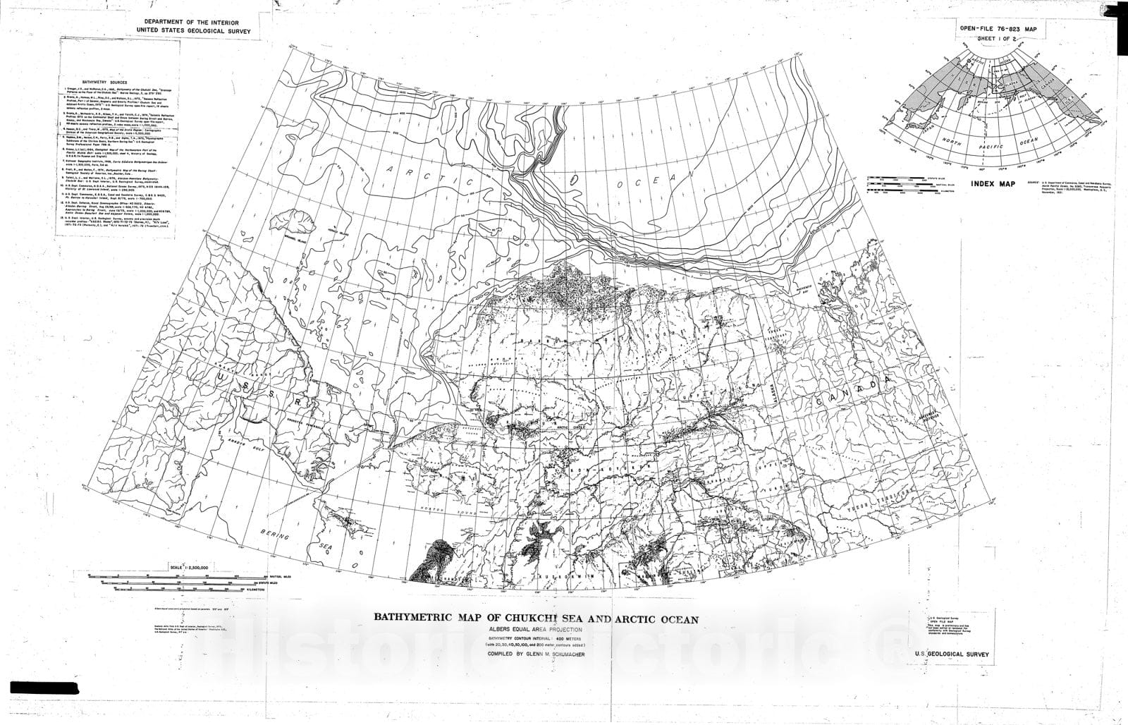 Map : Bathymetric map of the Chukchi Sea and Arctic Ocean, 1976 Cartography Wall Art :