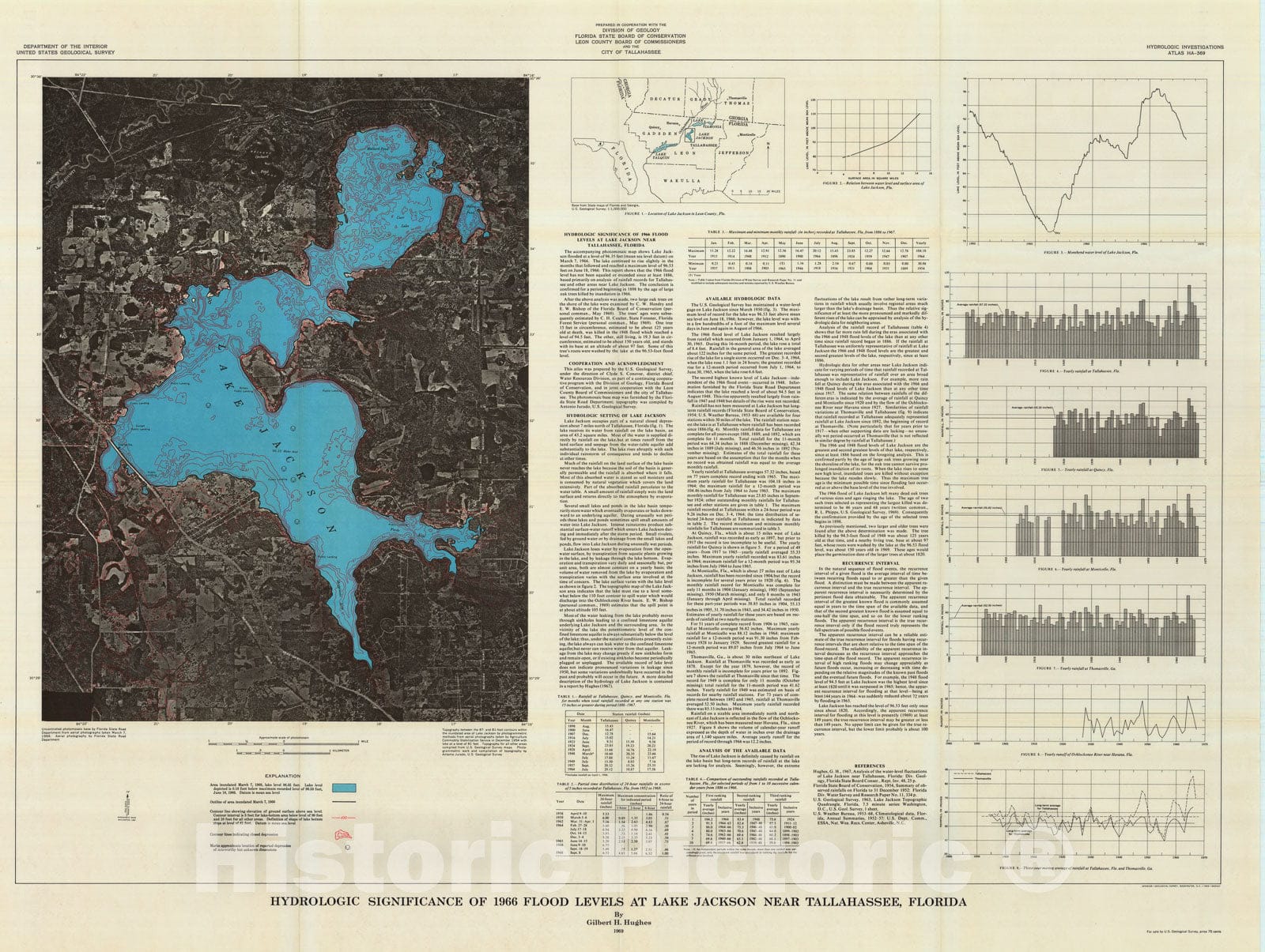 Map : Hydrologic significance of 1966 flood levels at Lake Jackson near Tallahassee, Florida, 1969 Cartography Wall Art :