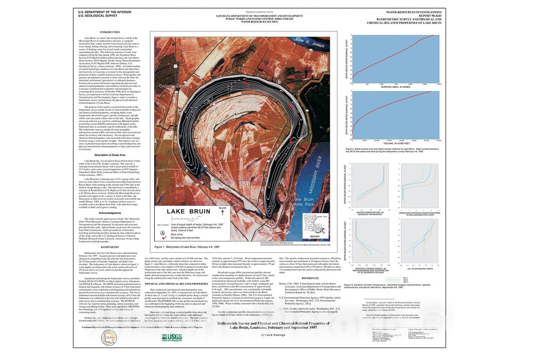 Map : Bathymetric survey and physical and chemical-related properties of Lake Bruin, Louisiana, February and September 1997, 1998 Cartography Wall Art :