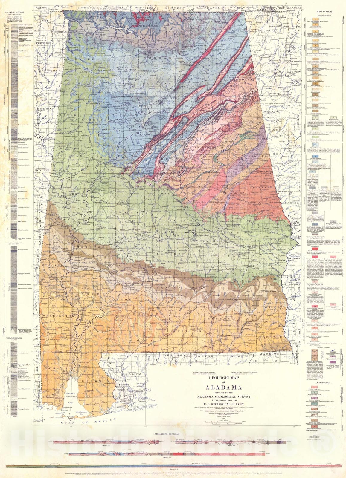 Map : Geologic map of Alabama, 1926 Cartography Wall Art :