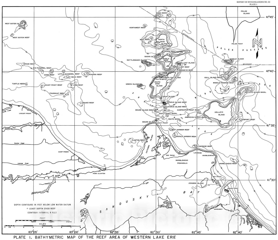 Map : Physical characteristics of the reef area of western Lake Erie, 1972 Cartography Wall Art :