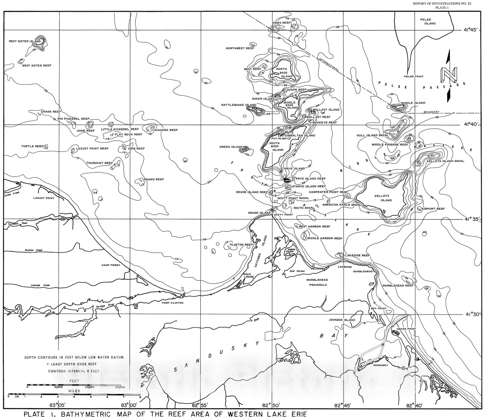 Map : Physical characteristics of the reef area of western Lake Erie, 1972 Cartography Wall Art :