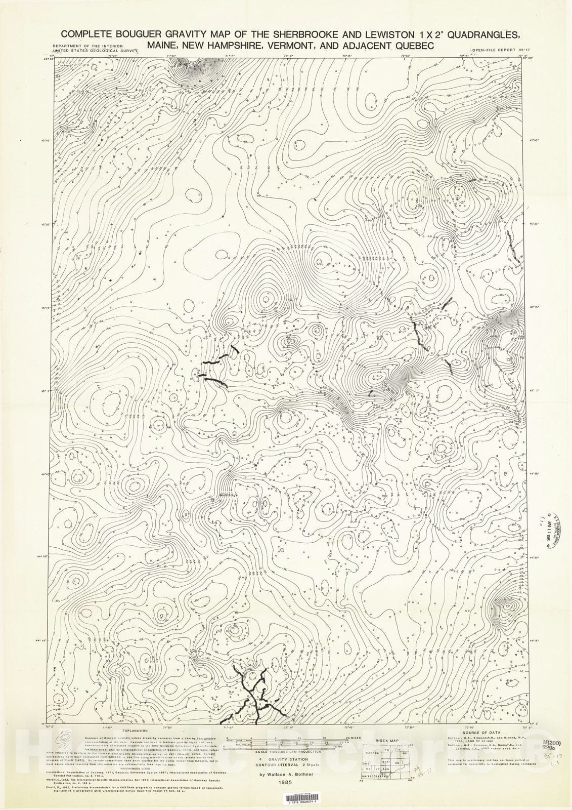 Map : Complete Bouguer gravity map of the Sherbrooke and Lewiston one degree x two degree quadrangles, Maine, New Hampshire, Vermont and adjacent Quebec, one985 Cartography Wall Art :